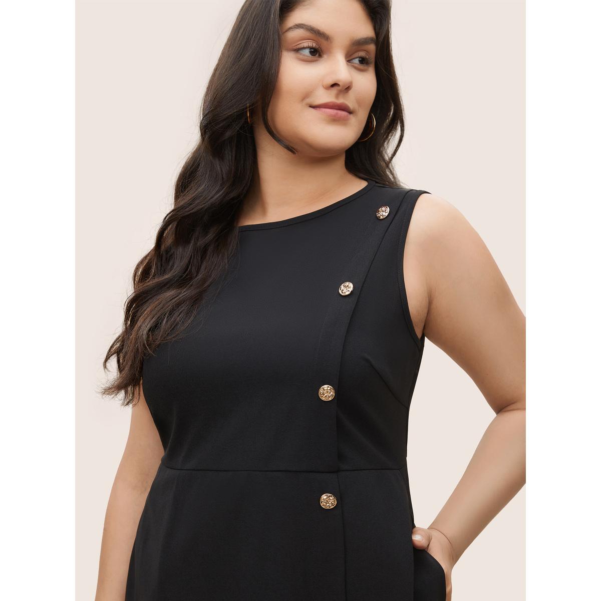 Plus Size Plain Sleeveless Button Detail Pocket Dress Black Women Workwear Essentials Non Round Neck Sleeveless Curvy Midi Dress BloomChic 18-20/2X Product Image