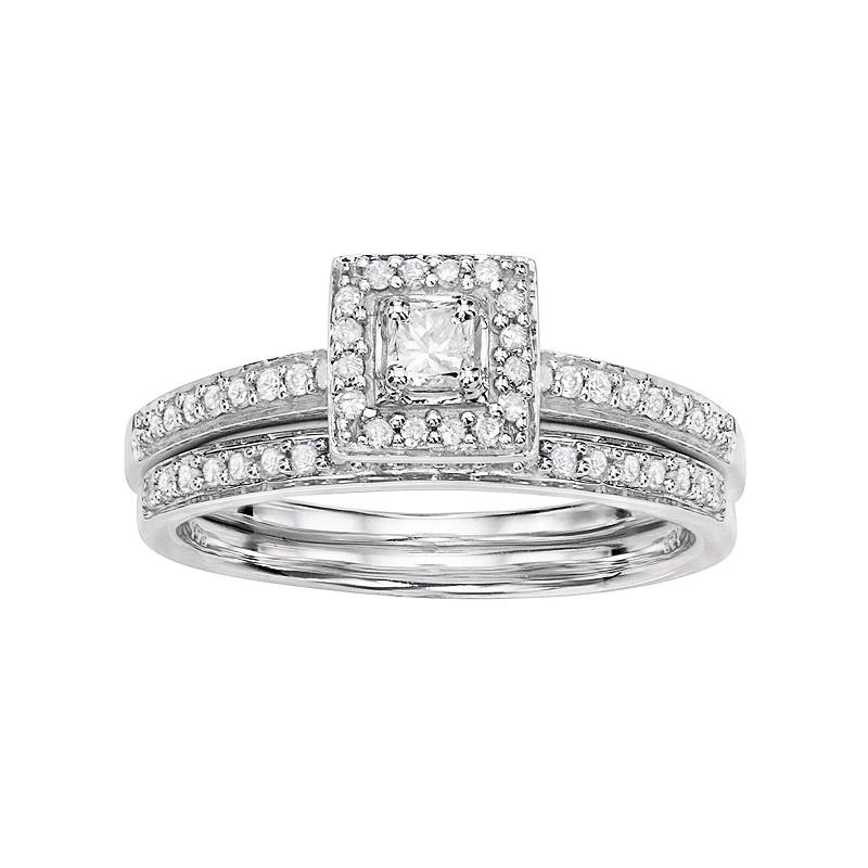 10k White Gold 1/2 Carat T.W. Diamond Square Halo Engagement Ring Set, Women's, Size: 8 Product Image