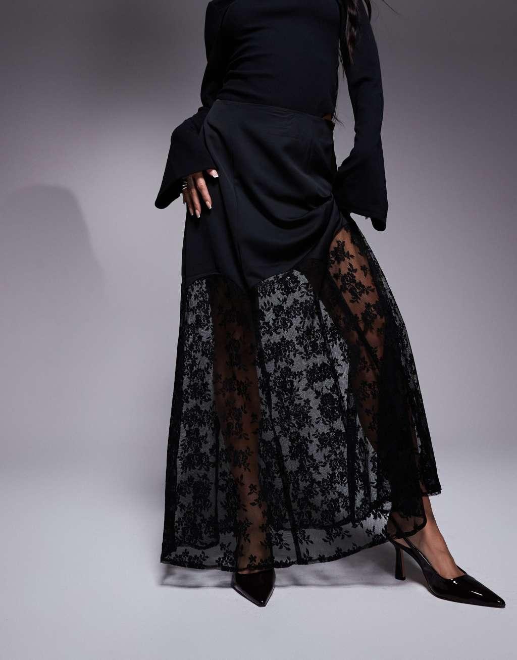 River Island satin skirt with lace hem in black Product Image