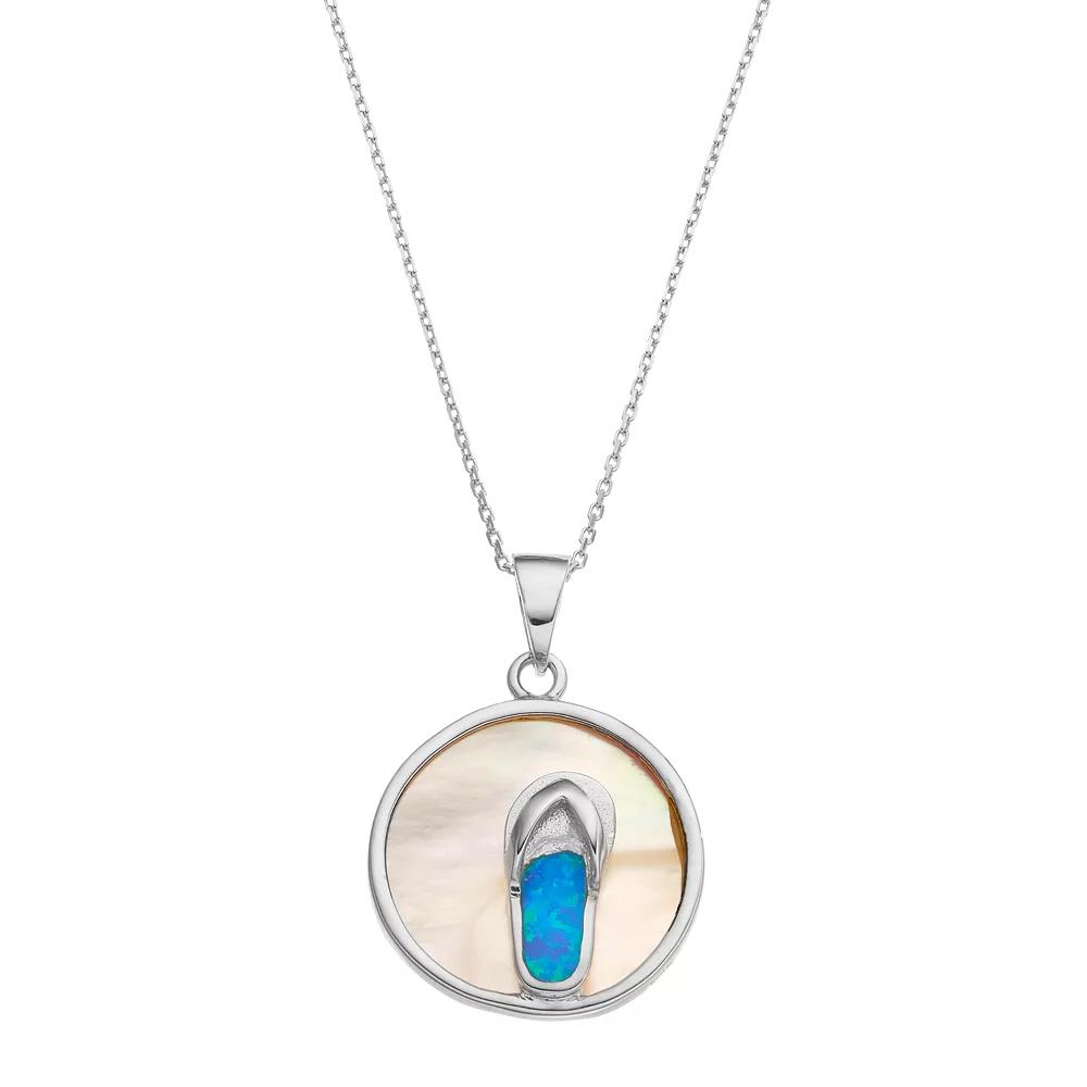 Sterling Silver Mother-of-Pearl & Lab-Created Blue Opal Flip-Flop Disc Pendant, Women's, Size: 18" Product Image