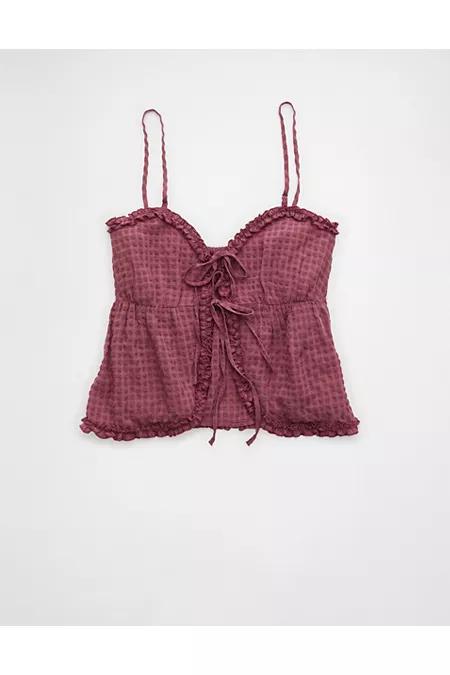 AE Tie Front Ruffle Trim Tank Top Women's Product Image