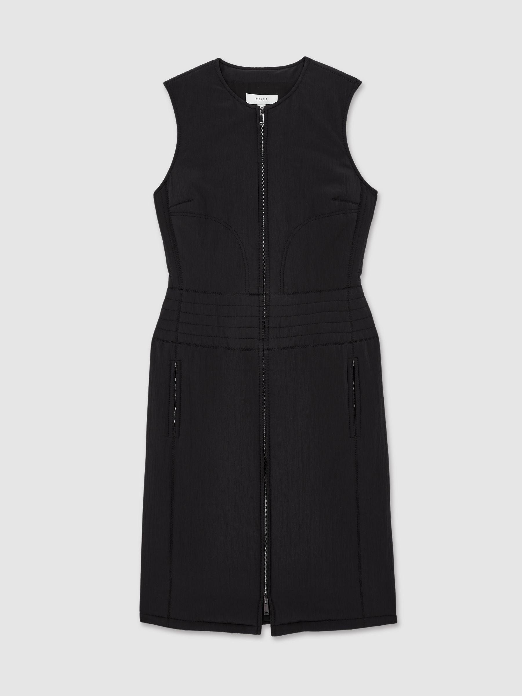Quilted Zip-Through Sleeveless Dress in Black Product Image