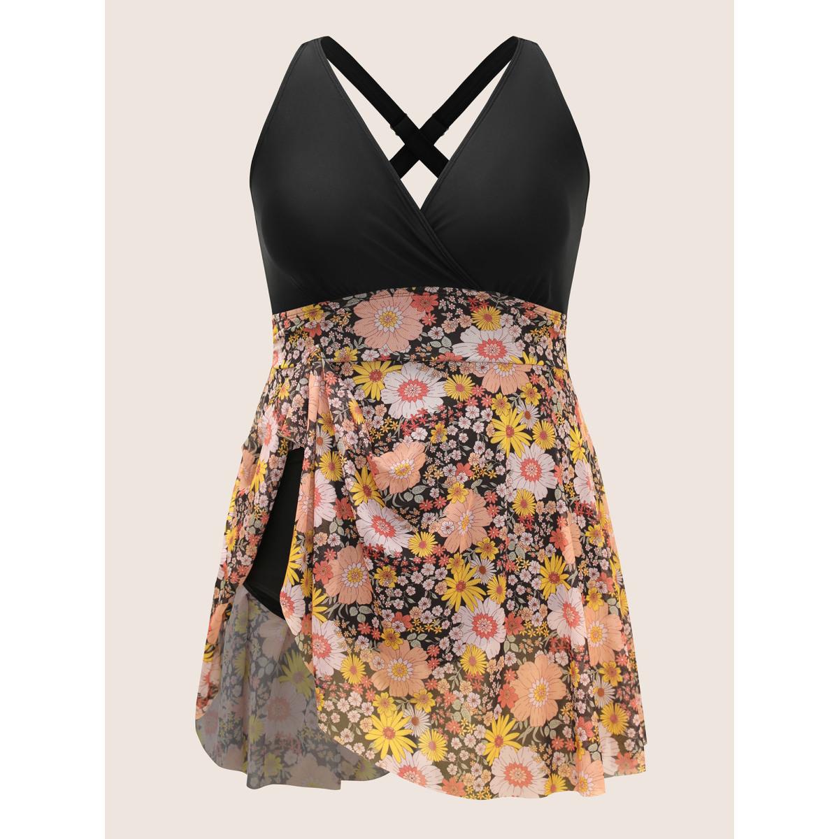 Plus Size Natural Flowers Patchwork Mesh Gathered Swim Dress Women's Swimwear Multicolor Beach Bodycon V-neck High stretch Curve Swim Dresses BloomChic 22-24/3X Product Image