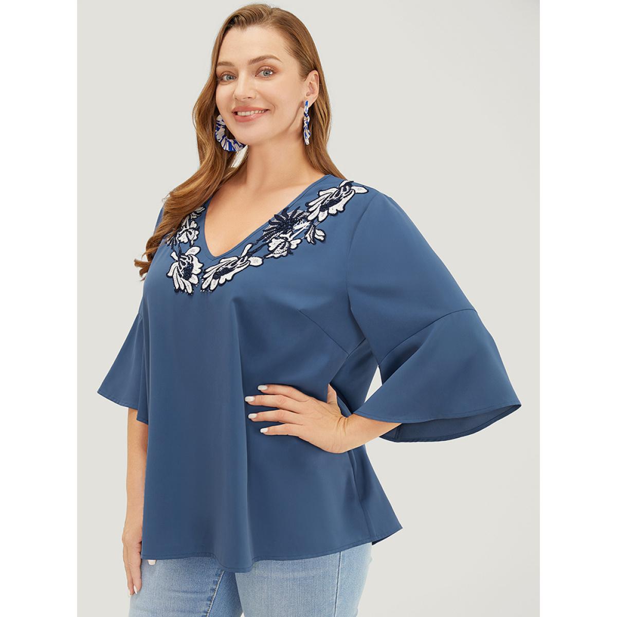 Plus Size Stone Floral Applique Bell Sleeve Blouse Women Elegant Elbow-length sleeve V-neck Dailywear Blouses BloomChic 26/4X Product Image