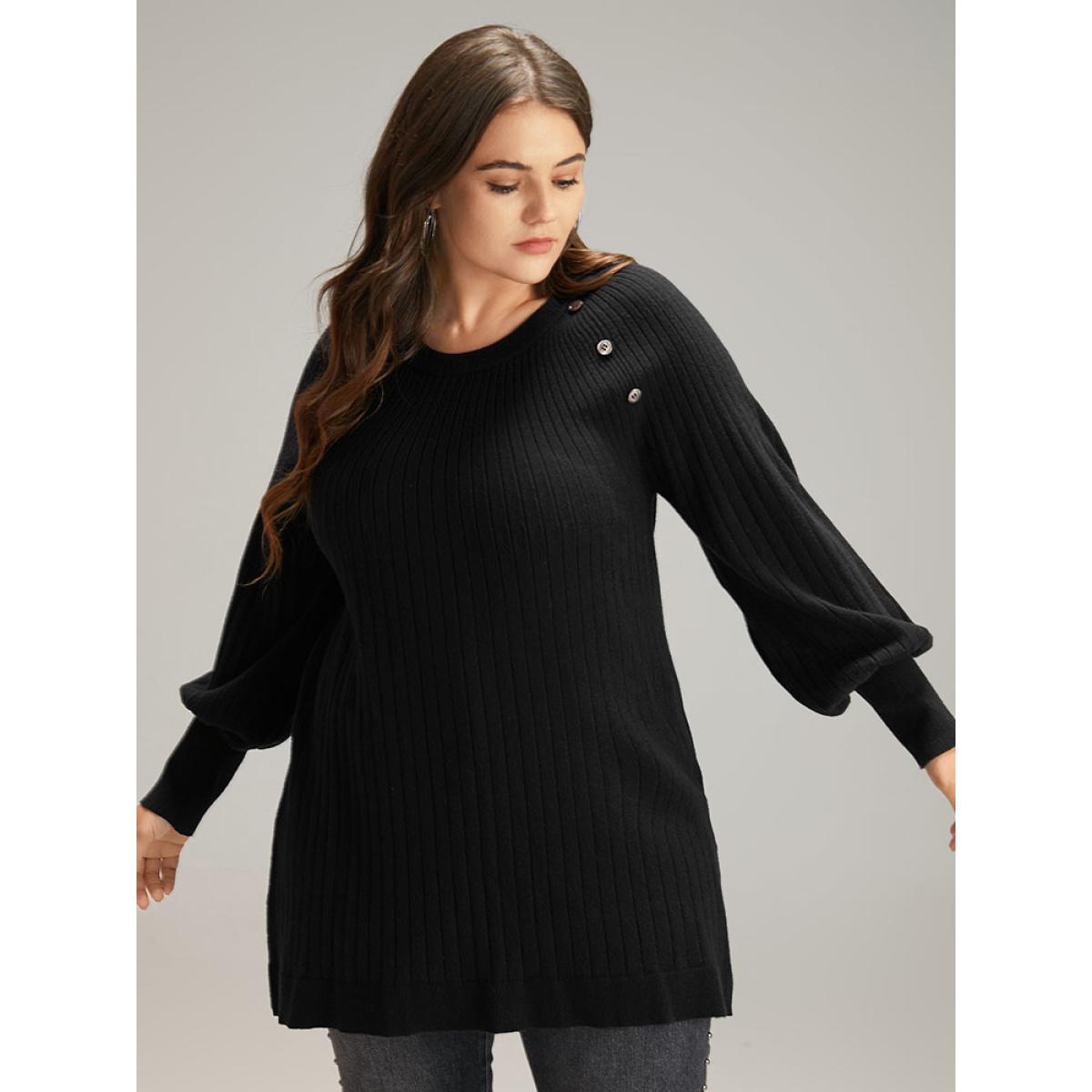 Plus Size Supersoft Essentials Anti-Pilling Button Detail Pullover Black Women Casual Loose Long Sleeve Round Neck Dailywear Pullovers BloomChic 30/6X Product Image