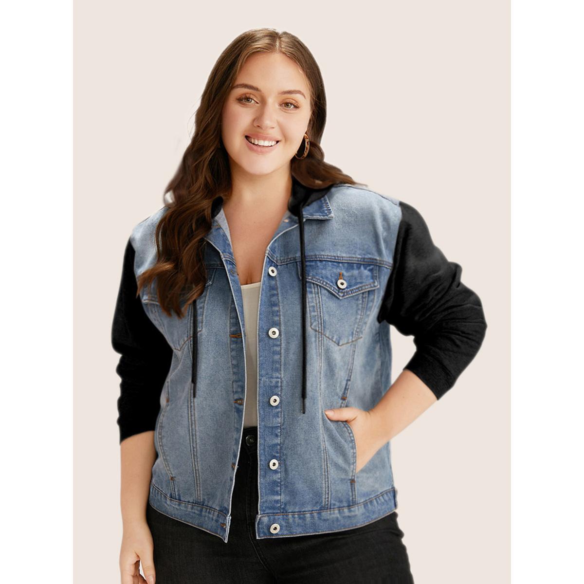 Women Hooded Patchwork Flap Pocket Denim Jacket Black Plus Size Plain Contrast Casual Slanted pocket Leisure Denim Jackets BloomChic 14-16/1X Product Image