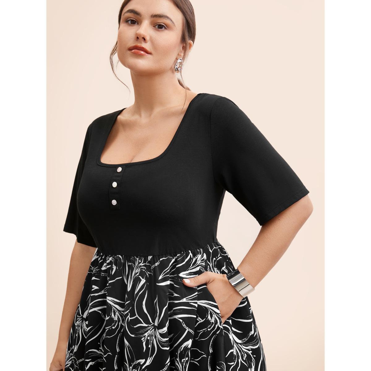 Plus Size Floral Square Neck Patchwork Button Detail Dress Black Women At the Office Patchwork Square Neck Half Sleeve Curvy BloomChic 14-16/1X Product Image