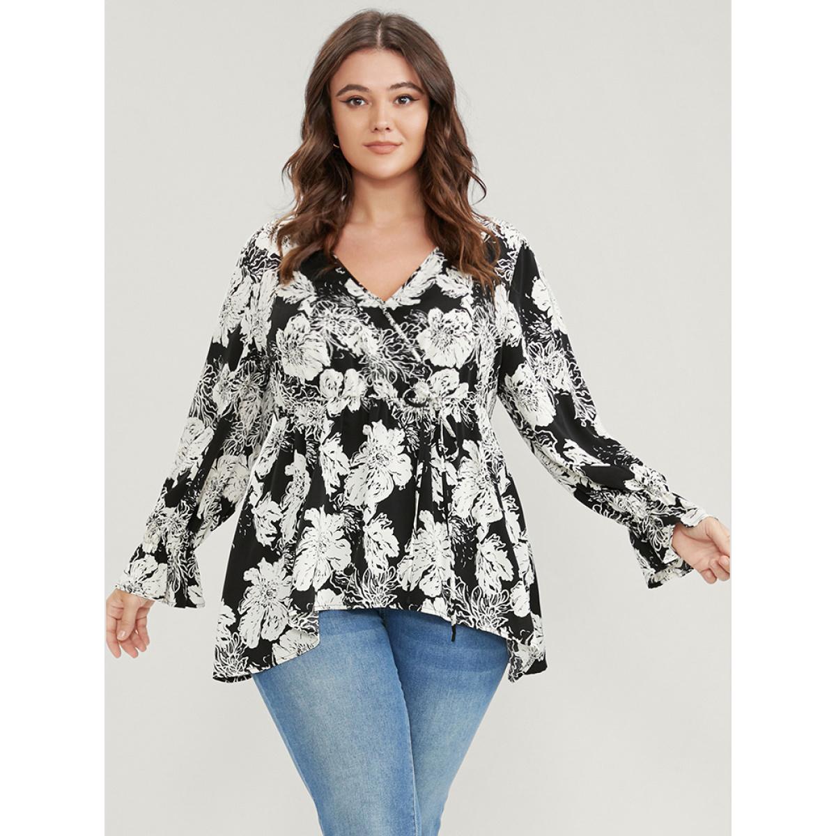 Plus Size Black Floral Lantern Sleeve Tie Up Asymmetrical Hem Wrap Blouse Women Elegant Long Sleeve V-neck Dailywear Blouses BloomChic 22-24/3X Product Image