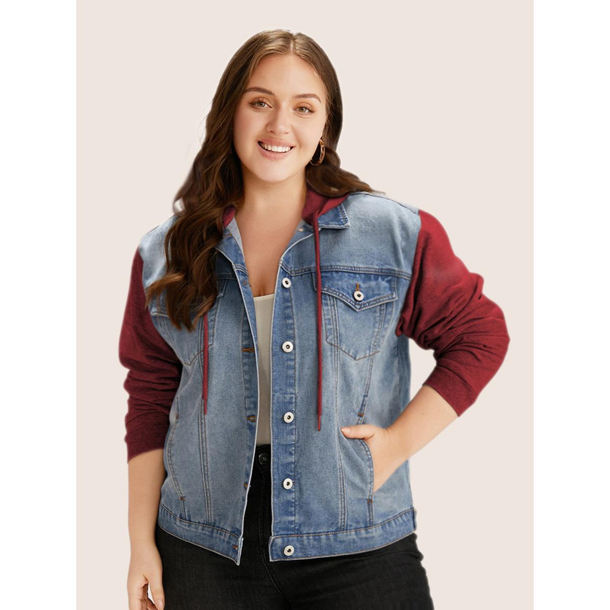 Women Hooded Patchwork Flap Pocket Denim Jacket Raspberry Plus Size Plain Contrast Casual Slanted pocket Leisure Denim Jackets BloomChic 30/6X Product Image