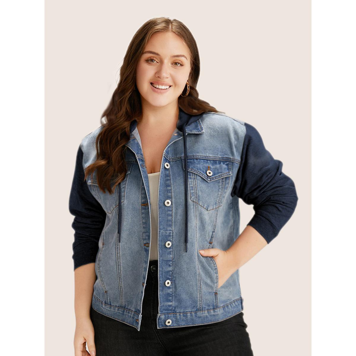 Women Hooded Patchwork Flap Pocket Denim Jacket Indigo Plus Size Plain Contrast Casual Slanted pocket Leisure Denim Jackets BloomChic 10/M Product Image
