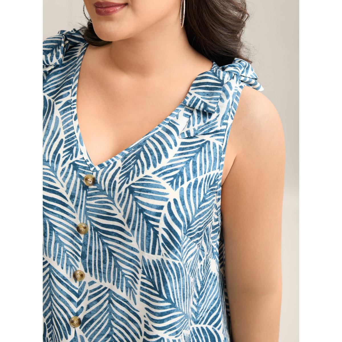 Plus Size Bow Shoulder Leaf Print Button Tank Top Women Mediumblue Resort Tie knot V-neck Vacation Tank Tops Camis BloomChic 10/M Product Image