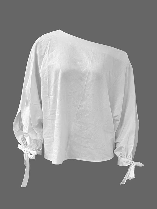 Long Sleeves Loose Asymmetric Solid Color Tied One-Shoulder Blouses&Shirts Tops Product Image