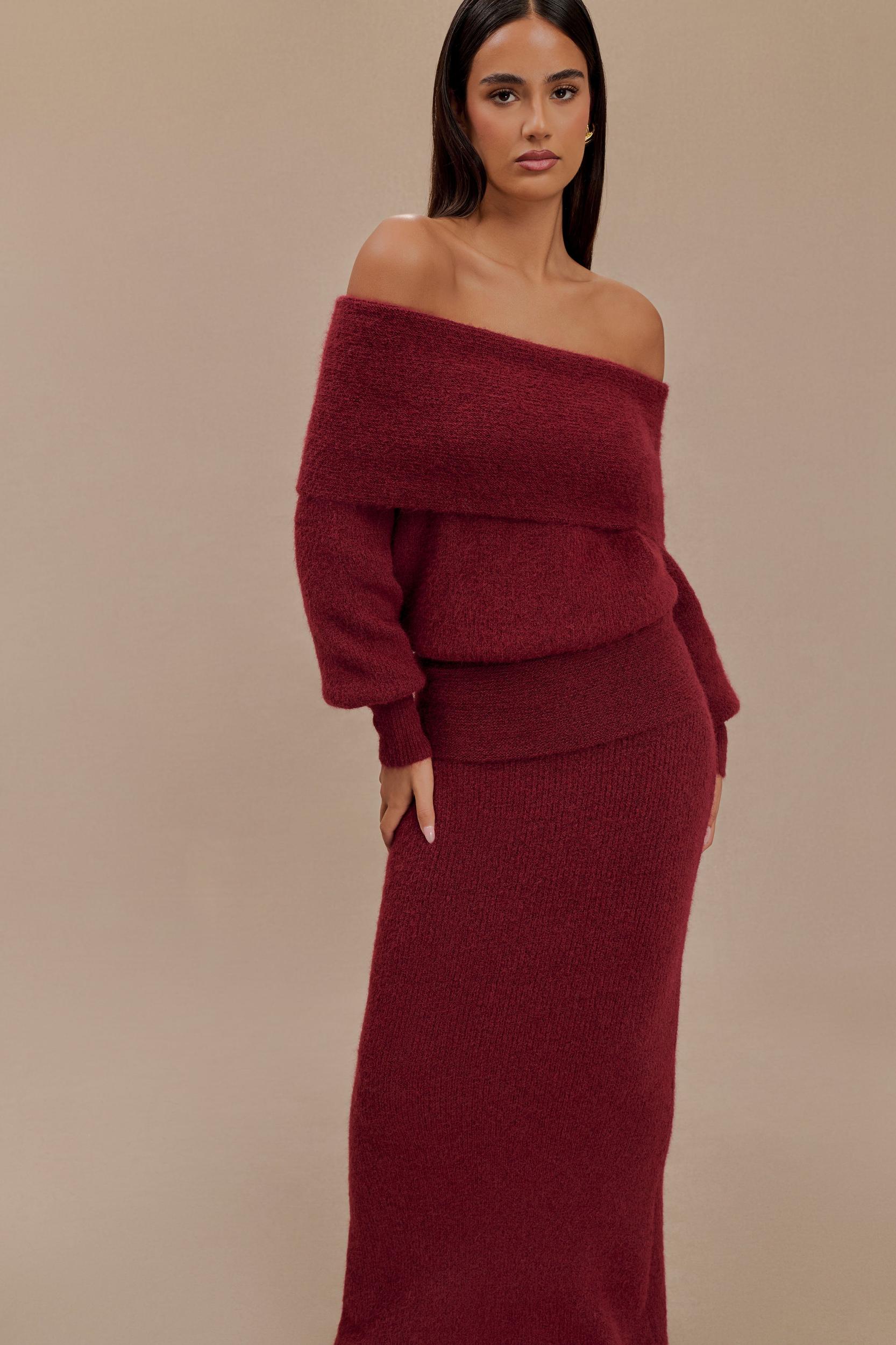 Charlotte Off Shoulder Knit Long Sleeve Top - Merlot Product Image