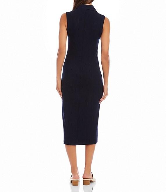 Karen Kane Ribbed Knit Contrast Collar Sleeveless Button Front Sheath Midi Dress Product Image