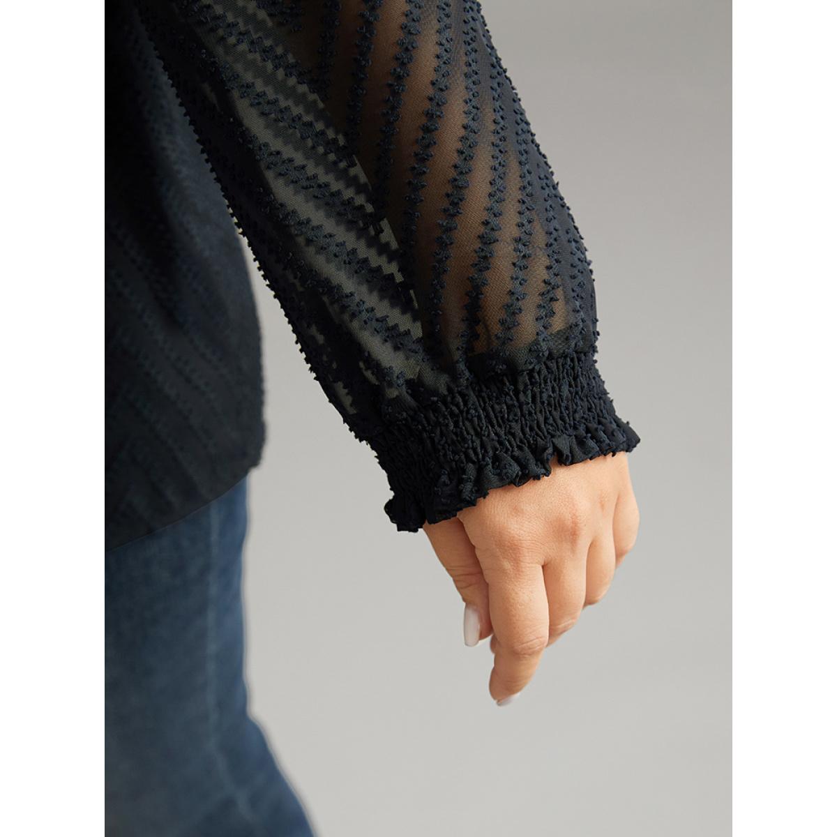 Plus Size Midnight Plain Patchwork Mesh Shirred Frill Trim Blouse Women Office Long Sleeve Round Neck Work Blouses BloomChic 30/6X Product Image