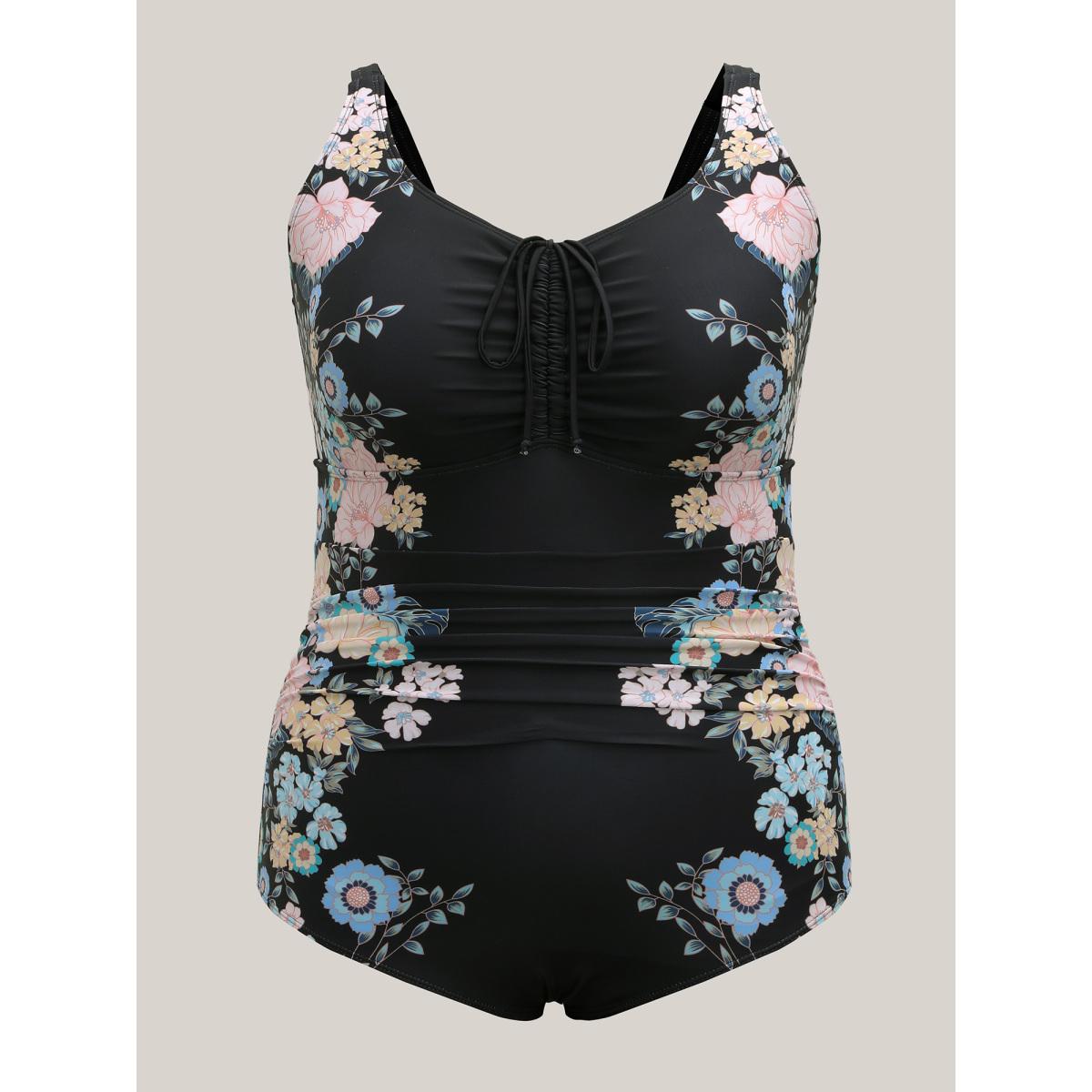 Plus Size Floral Print Drawstring One-Piece Swimsuit Women's Swimwear Black Resort Drawstring Curve Bathing Suits High stretch One Pieces BloomChic 30/6X Product Image