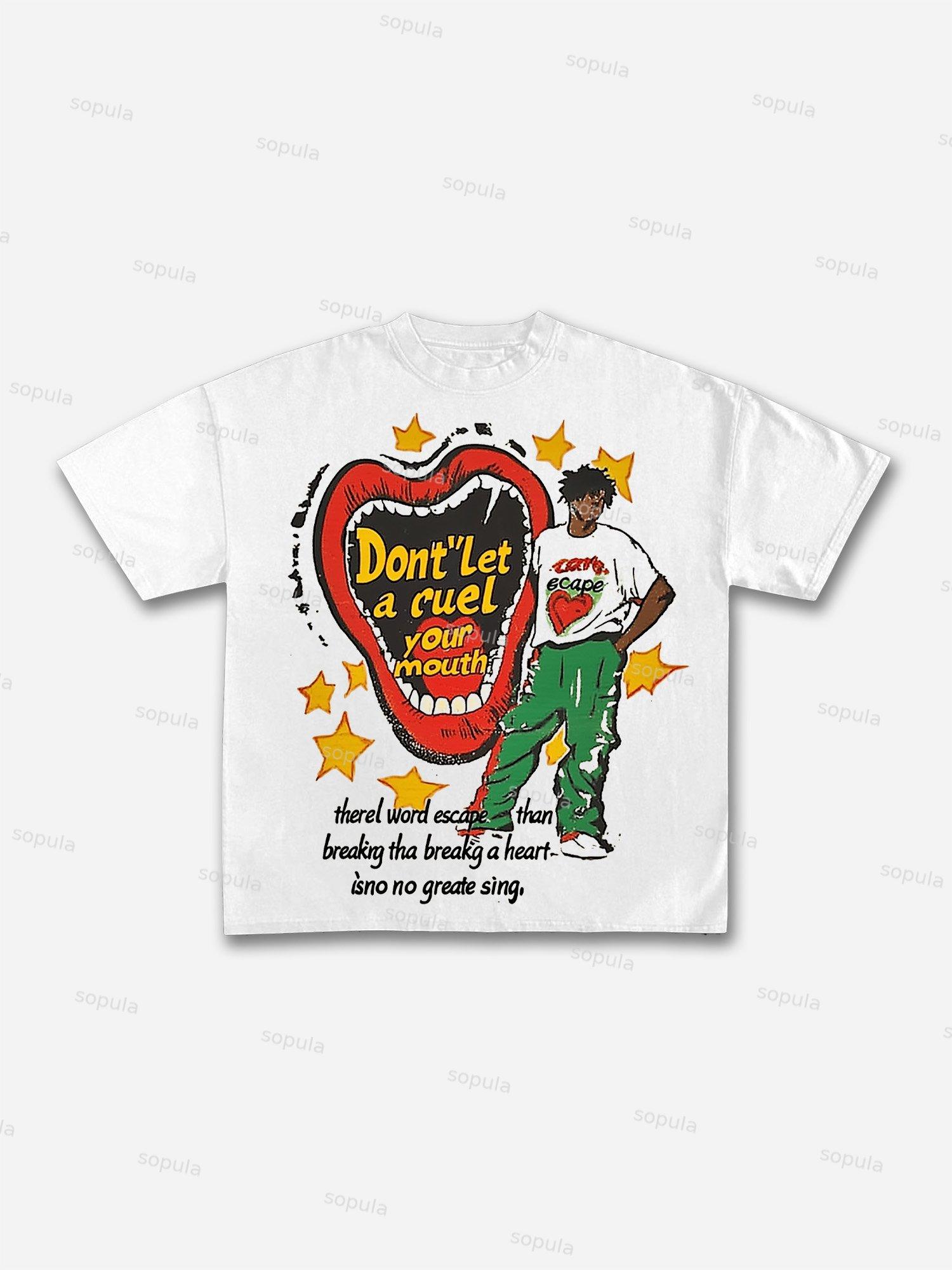 Y2k Lips Character Casual Street Pattern Cotton T-shirt Product Image