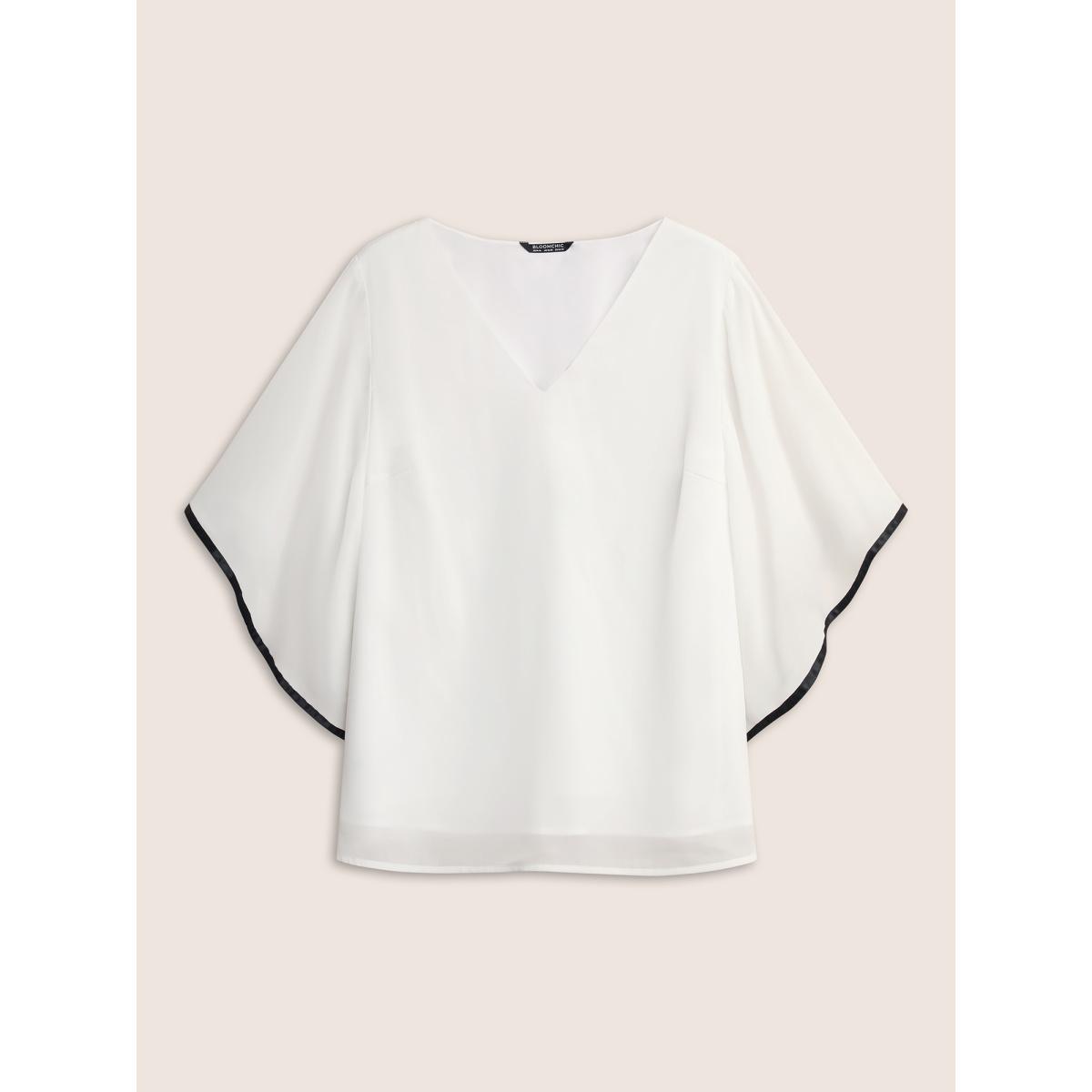 Plus Size White V Neck Contrast Webbing Dolman Sleeve Blouse Women Elegant Half Sleeve V-neck Everyday Blouses BloomChic 30/6X Product Image