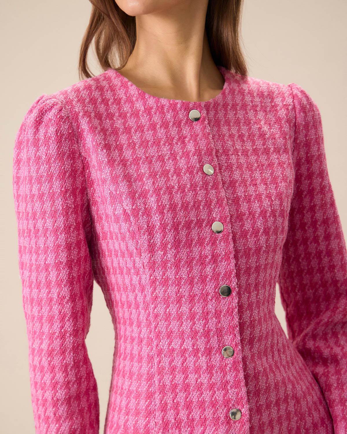 Women's Pink Single-breasted Tweed Mini Dress Female Product Image