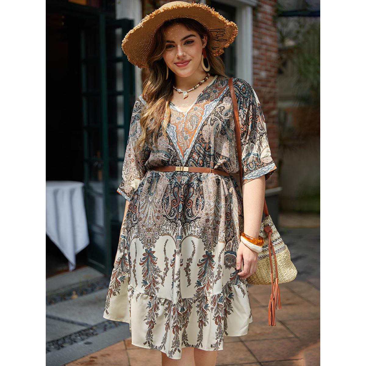 Plus Size Bandana Print Pocket Elastic Waist Patchwork Dress Multicolor Women Vacation Printed V-neck Elbow-length sleeve Curvy Midi Dress BloomChic 18-20/2X Product Image