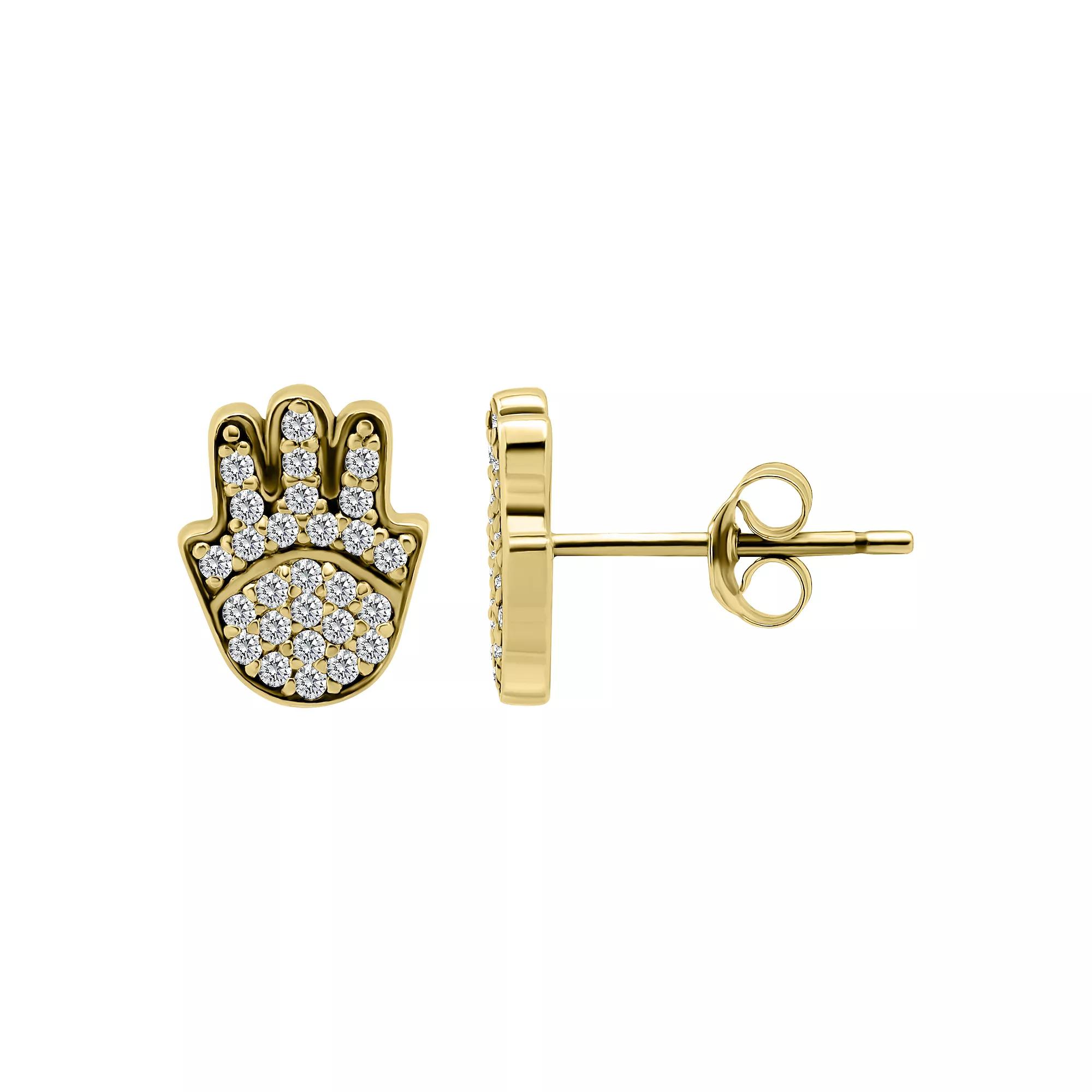 Aleure Precioso Sterling Silver Pave Cubic Zirconia Hamsa Hand Stud Earrings, Women's, Gold Tone Product Image