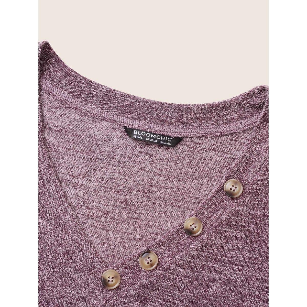 Plus Size Heather Button Detail Puff Sleeve T-shirt Purple Women Casual Gathered Plain V-neck Everyday T-shirts BloomChic 10/M Product Image