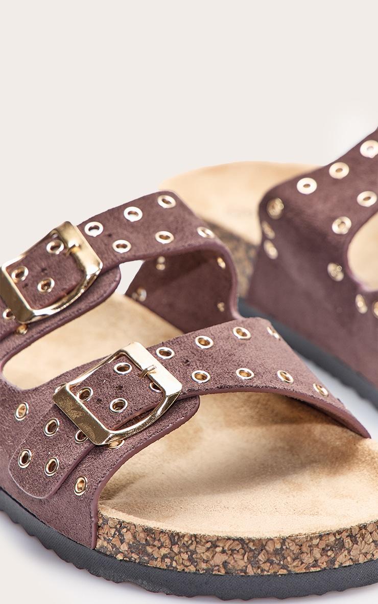 Brown Faux Suede Double Buckle Eyelet Footbed Sandals Product Image