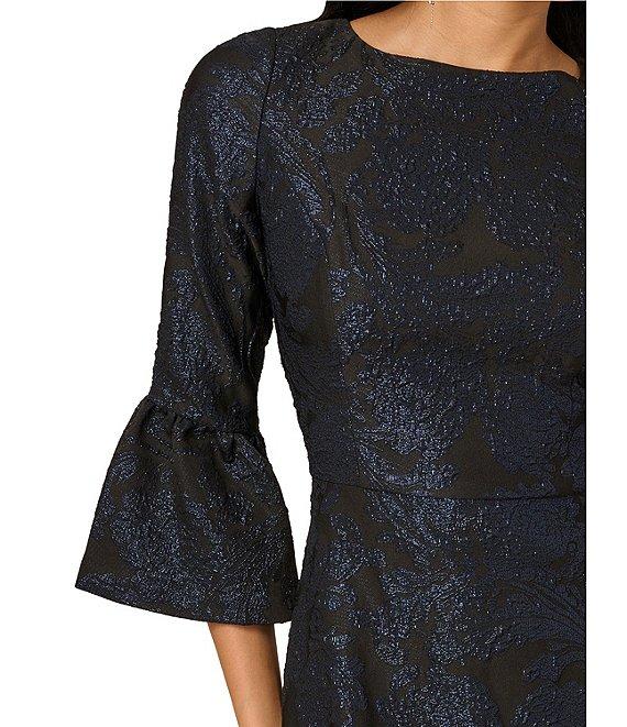 Adrianna Papell Jacquard Metallic Floral Print 3/4 Bell Sleeve A-Line Dress Product Image
