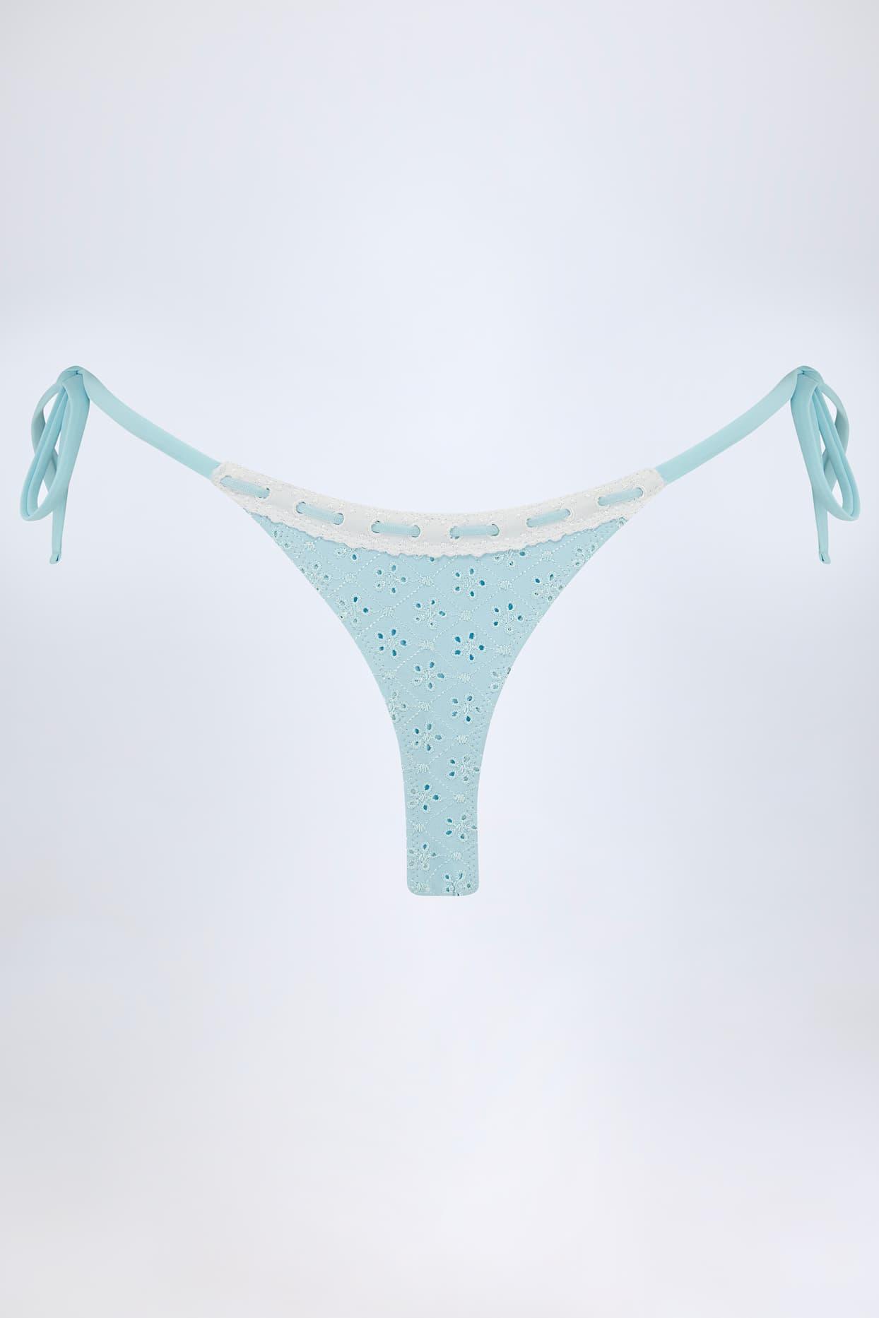 Broderie Anglaise Side-Tie Thong Bikini Bottoms in Powder Blue Product Image