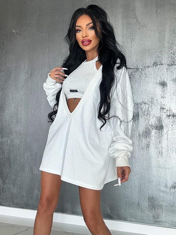 Loose Solid Color Round-Neck Mini Dresses & Vest Top Two Pieces Set  Product Image