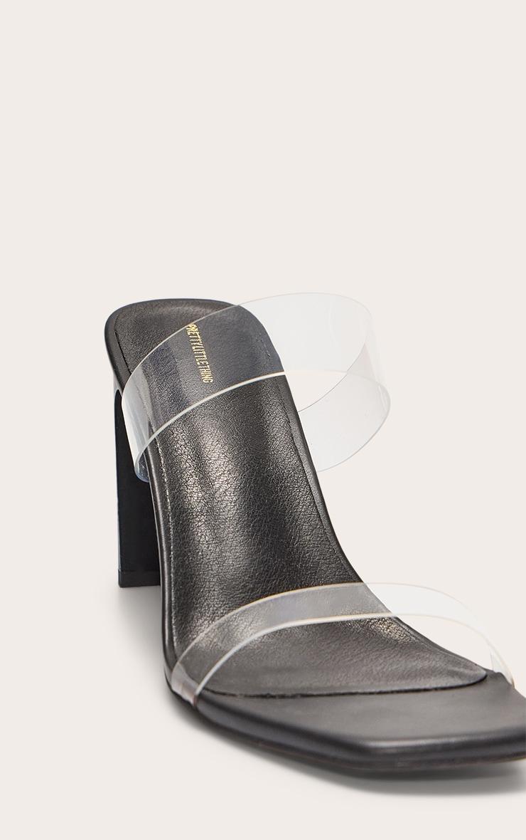 Black Pu Square Toe Perspex Straps High Thin Block Heeled Mules Product Image