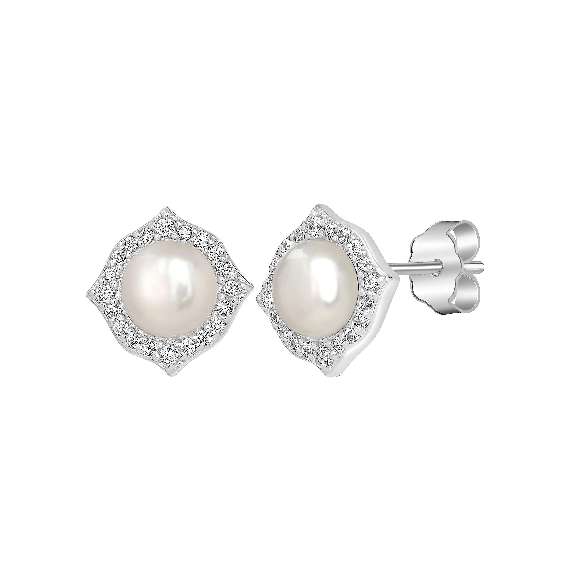 Gemistry Sterling Silver Freshwater Cultured Pearl & Cubic Zirconia Fancy Border Stud Earrings, Women's Product Image