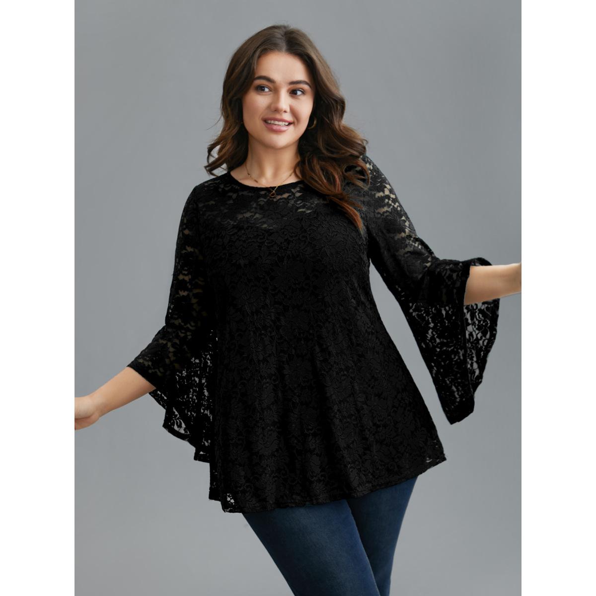 Plus Size Black Sheer Lace Irregular Sleeve Lined Shirt Women Elegant Long Sleeve Round Neck Everyday Blouses BloomChic 18-20/2X Product Image