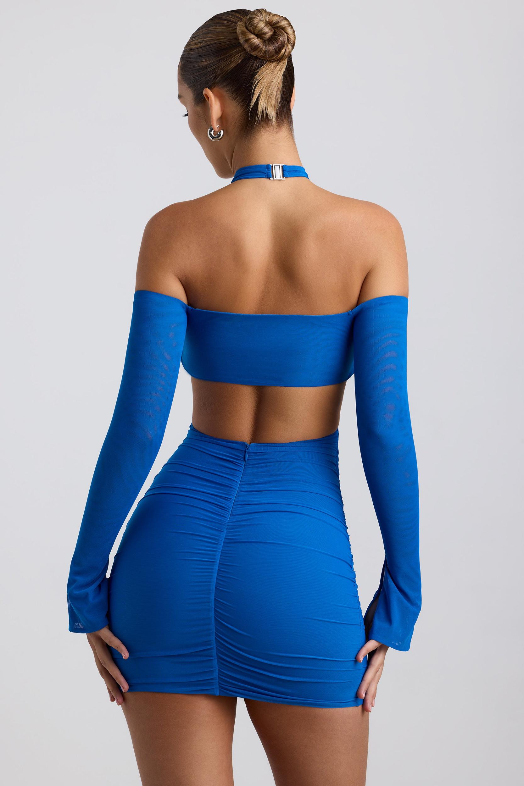 Off-Shoulder Ruched Cut-Out Mini Dress in Cobalt Blue Product Image