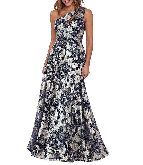 Betsy & Adam Metallic Floral One Shoulder Keyhole Sleeveless Gown Product Image