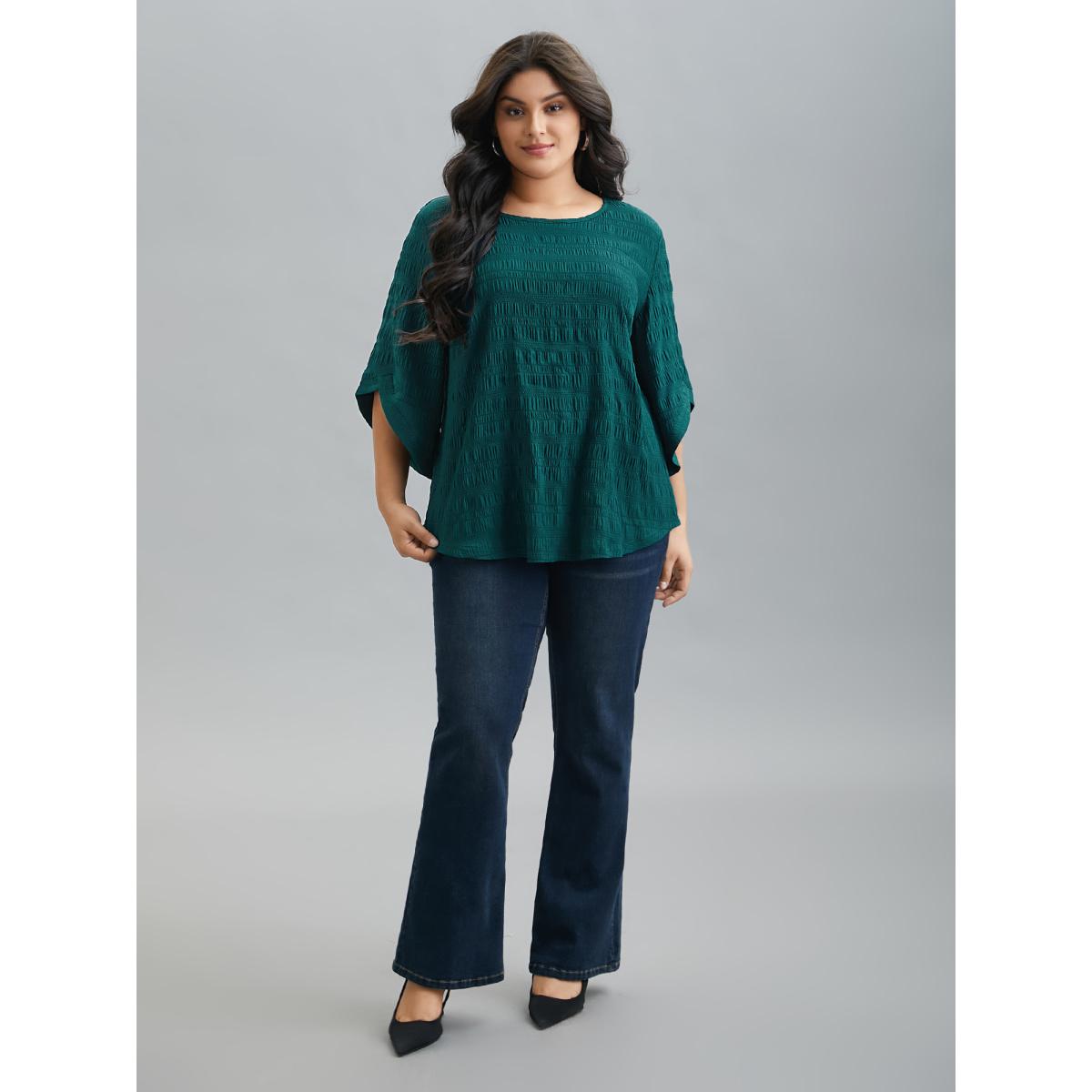 Plus Size Cyan Solid Textured Curved Hem Gathered Blouse Women Elegant Elbow-length sleeve Round Neck Everyday Blouses BloomChic 26/4X Product Image