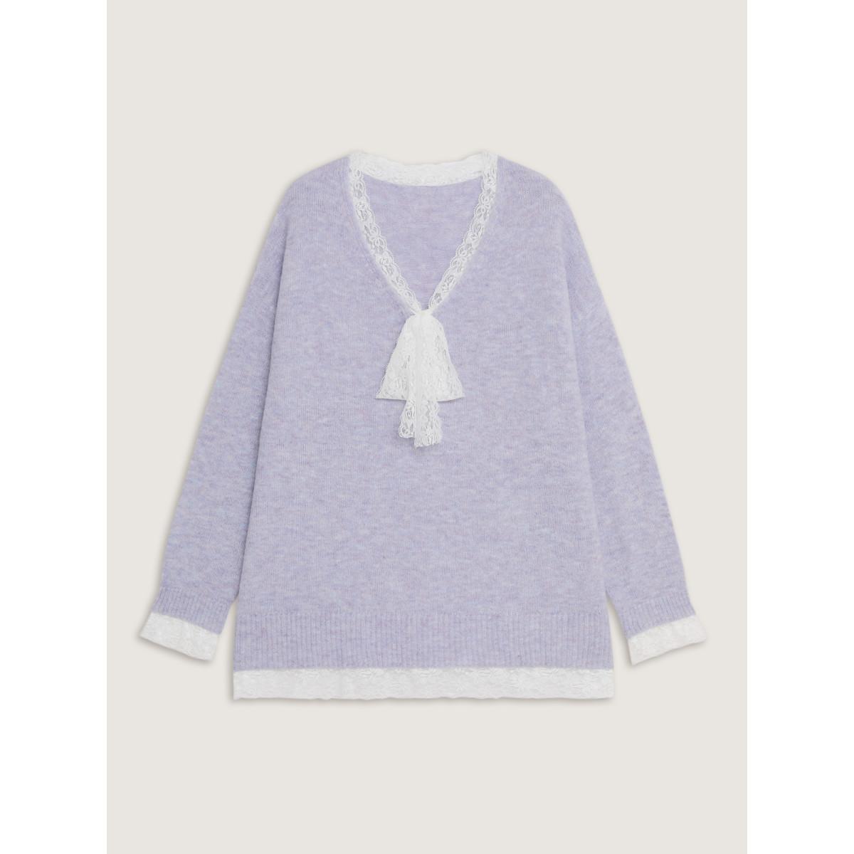 Plus Size Lace Bowtie V-Neck Pullover Lavender Women Leisure Loose Long Sleeve V-neck Casual Pullovers BloomChic 14-16/1X Product Image