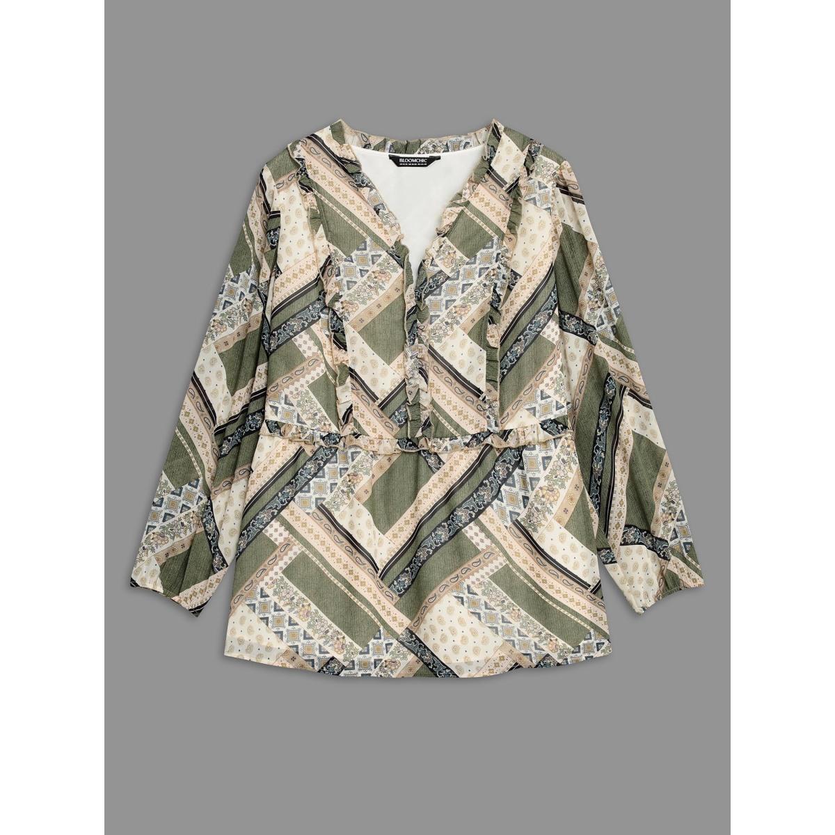 Plus Size Beige Bandana Print V Neck Ruffle Trim Blouse Women Elegant Long Sleeve V-neck Everyday Blouses BloomChic 22-24/3X Product Image