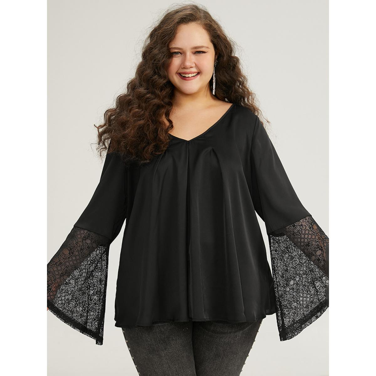 Plus Size Black Halloween Lace Patchwork Ties Bell Sleeve Blouse Women Elegant Long Sleeve V-neck Festival-Halloween Blouses BloomChic 22-24/3X Product Image