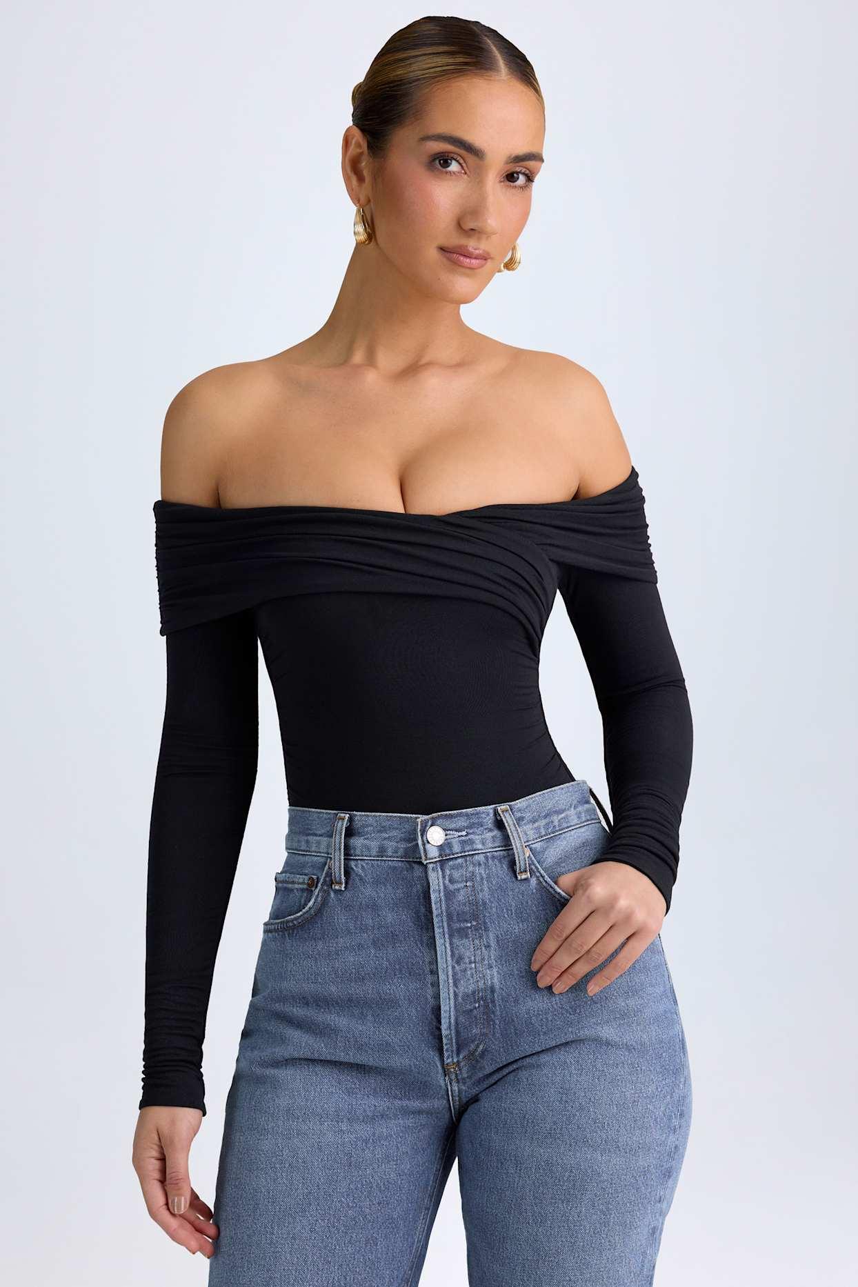 Modal Off-Shoulder Ruched Bodysuit in Black Product Image