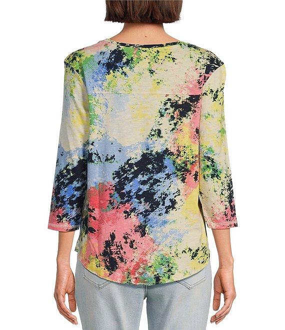 Westbound Multi Splatter Print 3/4 Sleeve Knit Crew Neck Top Product Image