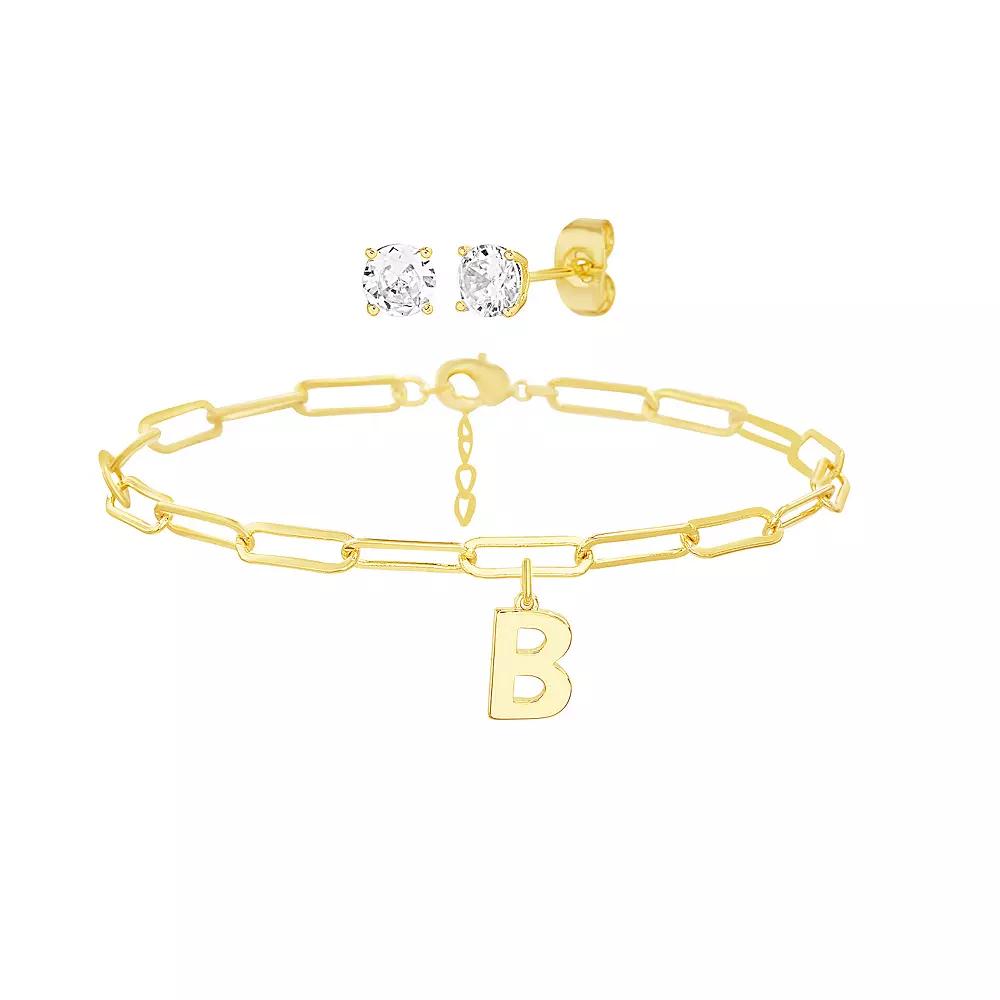 Paige Harper 14k Gold Plated Initial Charm Bracelet & Cubic Zirconia Stud Earring Set, Women's, Size: 7.5-8.5"AD, Gold Tone B Product Image