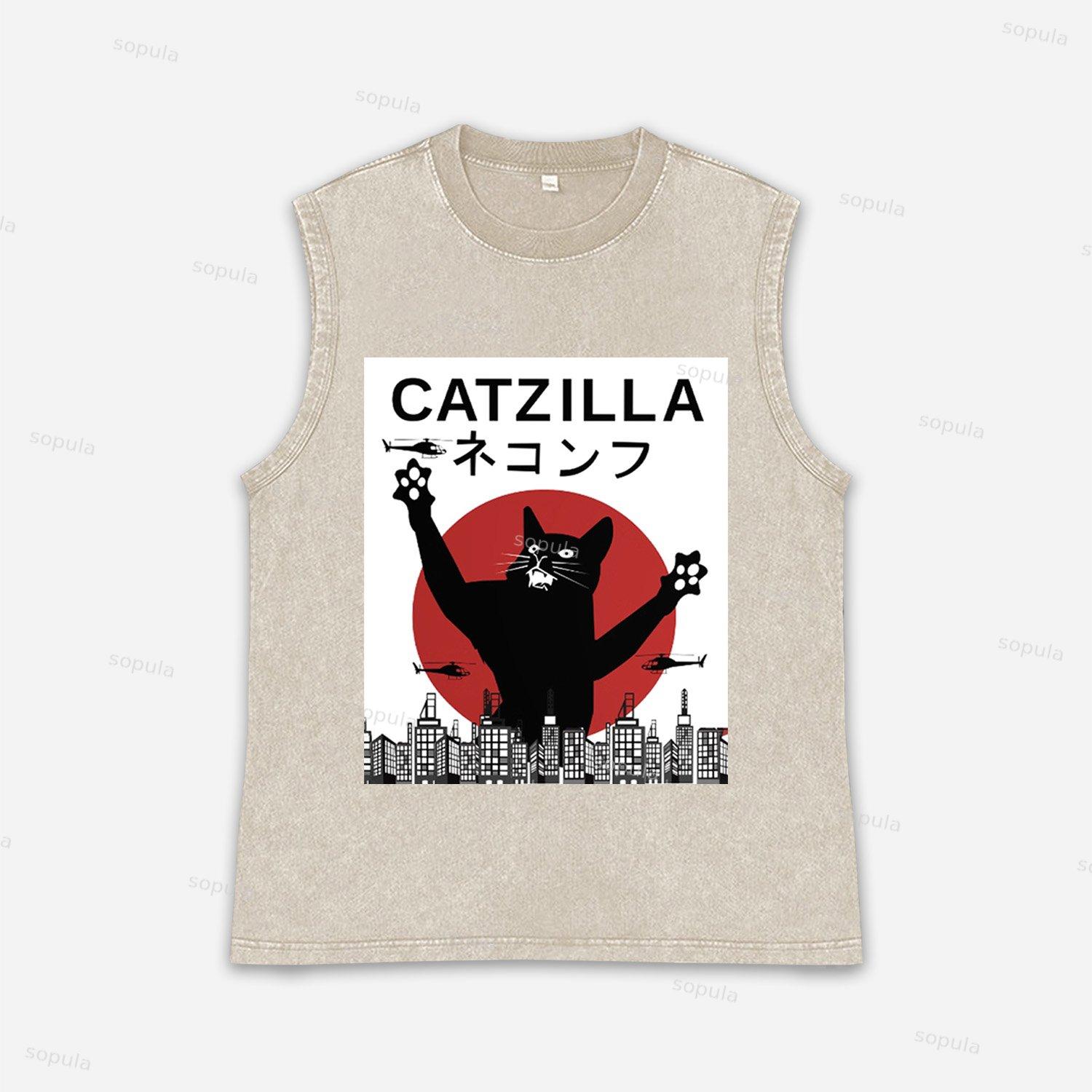 Vintage Catzilla Graphic Acid Washed Tank Tops Product Image