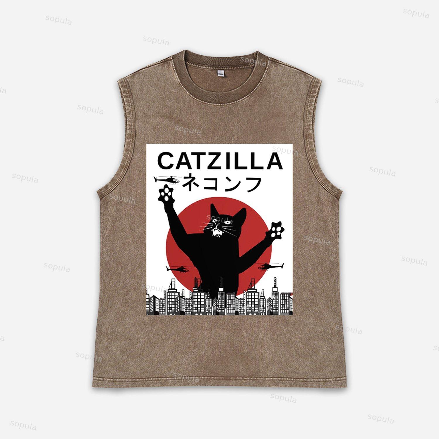 Vintage Catzilla Graphic Acid Washed Tank Tops Product Image