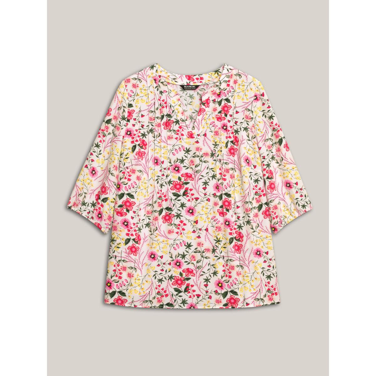 Plus Size LightBlue Floral Print Notched Collar Shirt Women Timeless Elbow-length sleeve Notched collar Elegant Blouses BloomChic 14-16/1X Product Image