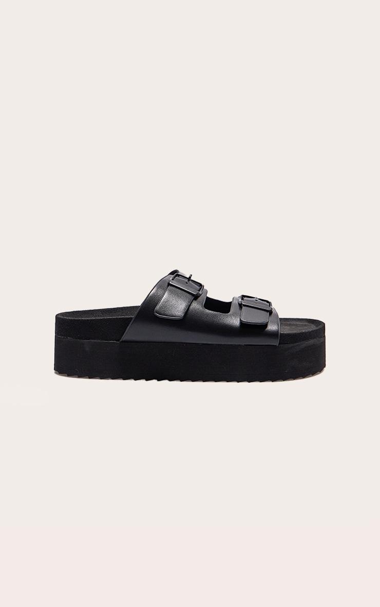  Black PU Round Toe Double Buckle Strap Chunky Flat Sandals Product Image