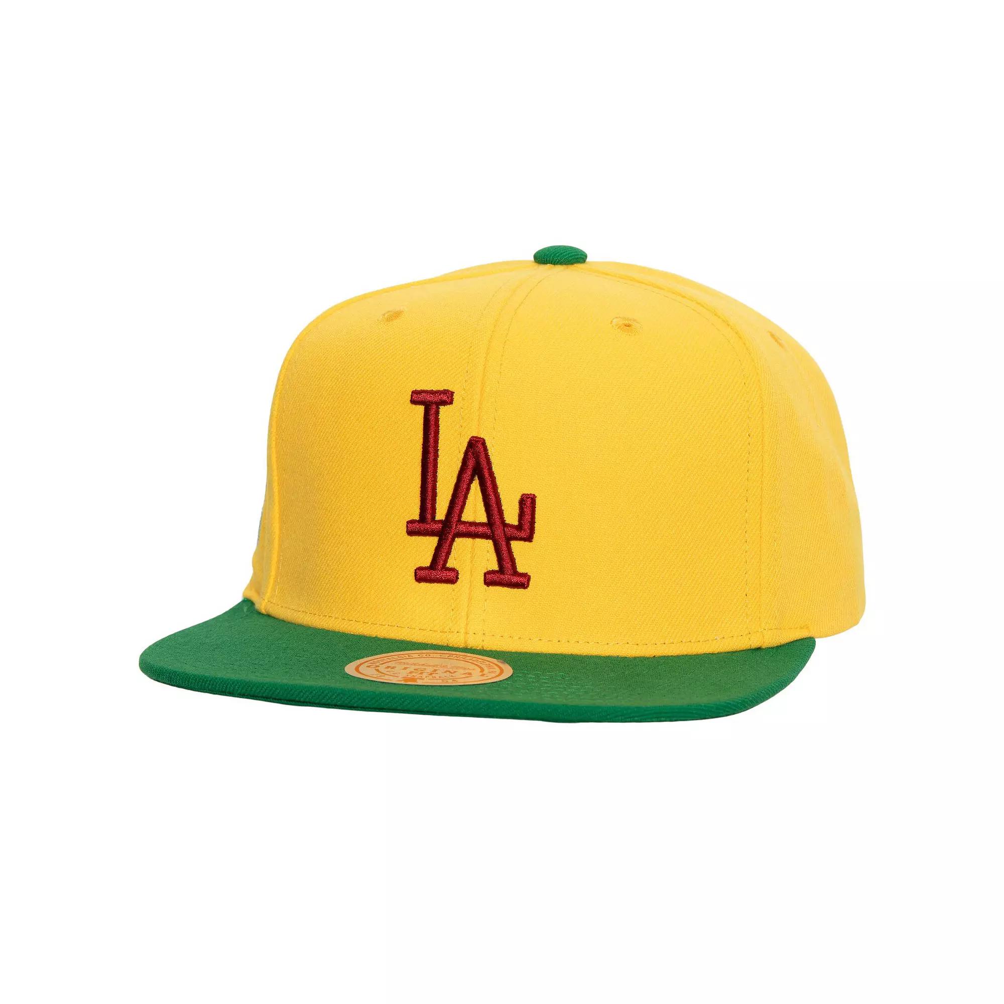 Men's Mitchell & Ness Yellow/Green Los Angeles Dodgers Hometown Snapback Hat Product Image