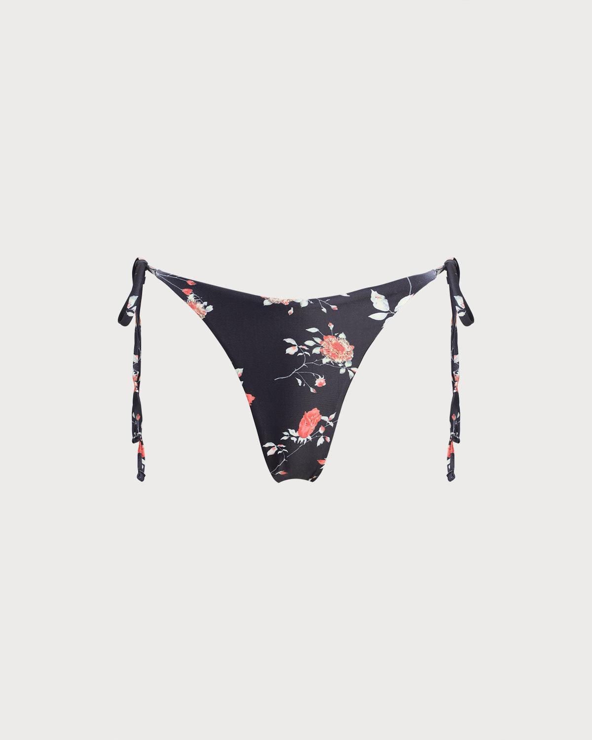 Black Floral Drawstring Bikini Bottom Product Image