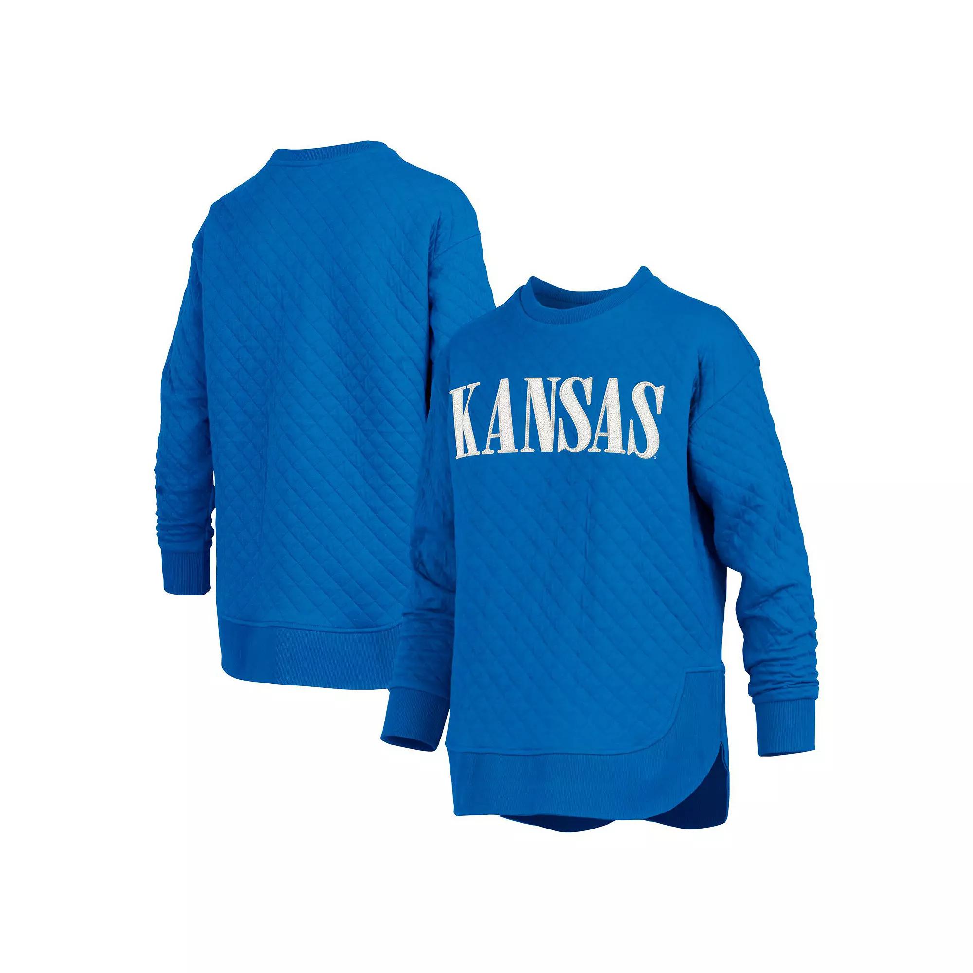 Women's Pressbox Royal Kansas Jayhawks Quilted Long Sleeve Pullover Sweatshirt,  Product Image