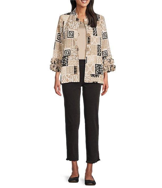 Multiples Petite Size Textured Bark Cloth Patchwork Print Banded Collar 3/4 Sleeve Button Front Jacket Product Image
